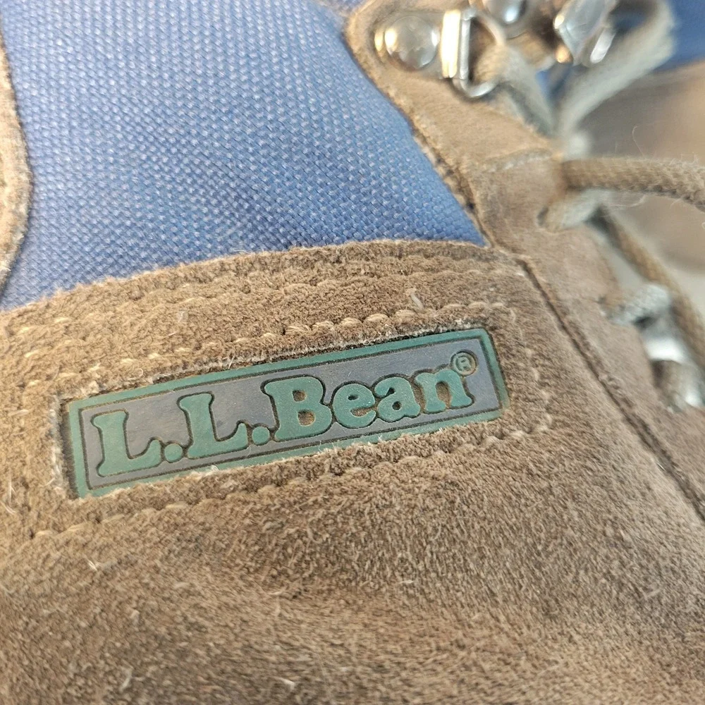 VTG LL Bean Merrell Mens Hiking Boots Sz 10 Brown Blue Suede Canvas Trail Shoes